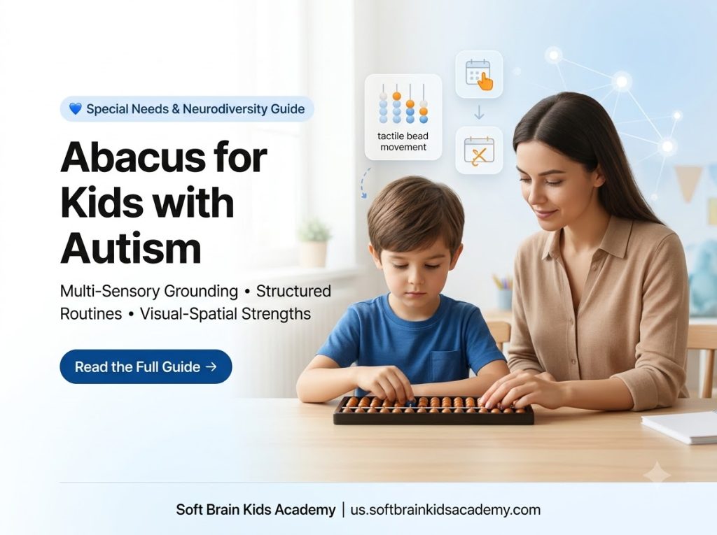 Abacus for kids with autism showing a calm, focused child with autism engaged in tactile Soroban abacus bead practice alongside a supportive teacher in a quiet sensory-friendly learning room