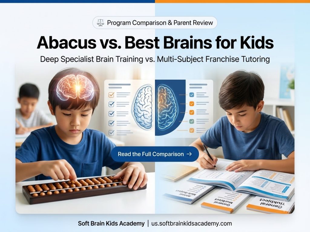 Abacus vs Best Brains for kids showing a visual side-by-side comparison of a student holding a Soroban abacus with glowing brain neural pathways versus a student working on general multi-subject workbooks
