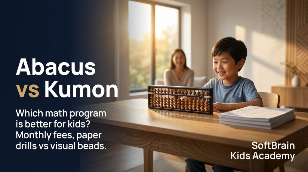 Abacus vs kumon comparison showing soroban abacus tool next to stacked paper drill worksheets