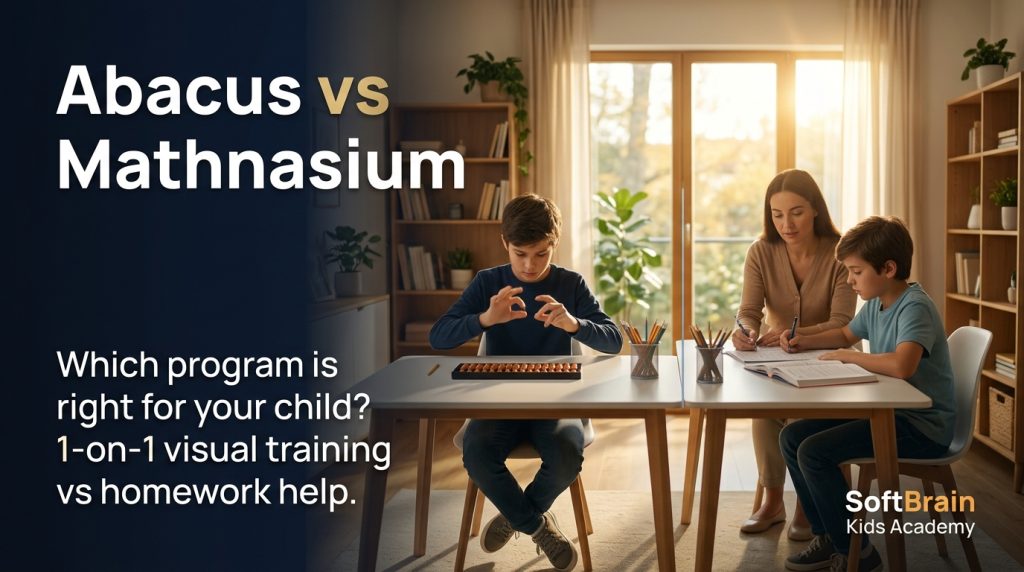 Abacus vs mathnasium comparison showing student doing mental abacus calculation vs student at tutoring center