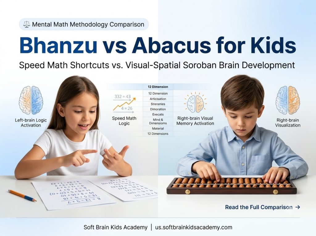 Bhanzu vs Abacus for kids showing a visual comparison between speed math number decomposition and tactile abacus mental visualization