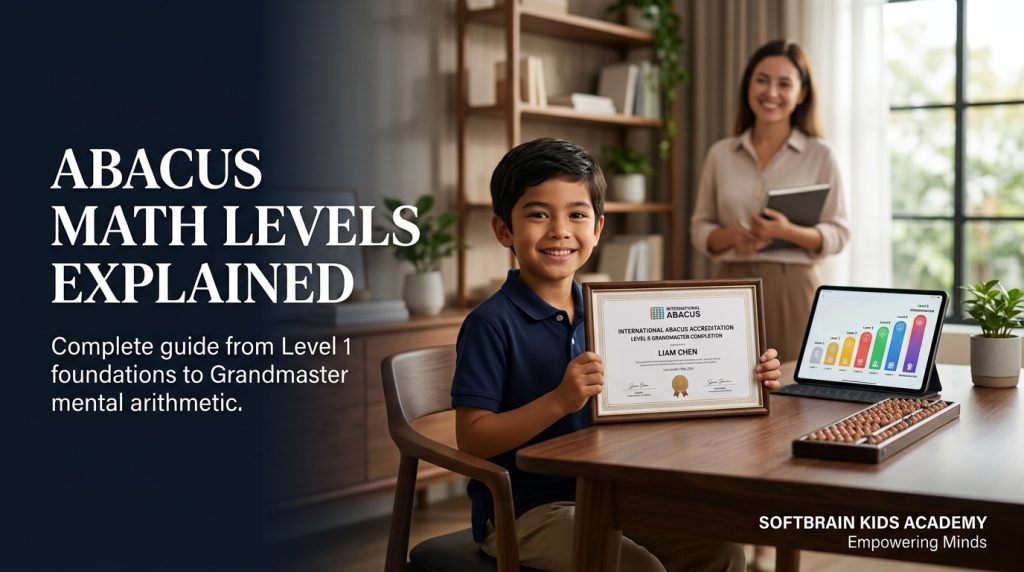 A premium editorial-style LinkedIn article cover for an education brand. The design should resemble a Forbes magazine cover combined with an Apple education campaign. Scene: A confident 8–10-year-old child proudly holding an internationally accredited Level 8 Abacus Completion Certificate at a luxury wooden desk. On the desk rests a traditional Soroban abacus alongside a tablet displaying a sleek level progression chart from Level 1 to Level 8. A certified instructor smiles encouragingly from the soft background bokeh. The environment is a minimalist Scandinavian study room with warm morning sunlight, indoor greenery, and elegant wooden shelving. Capture like a high-end educational documentary: ultra-photorealistic, cinematic lighting, Canon EOS R5, 85mm lens, f/1.8, HDR, shallow depth of field, soft bokeh, Forbes editorial photography, 8K. Typography Layout: Add a premium dark navy gradient covering approximately 40% of the left side. Headline: Abacus Math Levels Explained Subtitle: Complete guide from Level 1 foundations to Grandmaster mental arithmetic. Bottom Right: SoftBrain Kids Academy Negative Prompt: cartoon, anime, childish graphics, fake glowing brain, holograms, YouTube thumbnail, arrows, shocked faces, emojis, messy layout, cluttered classroom, poor typography, spelling mistakes, watermark, low quality, blurry.