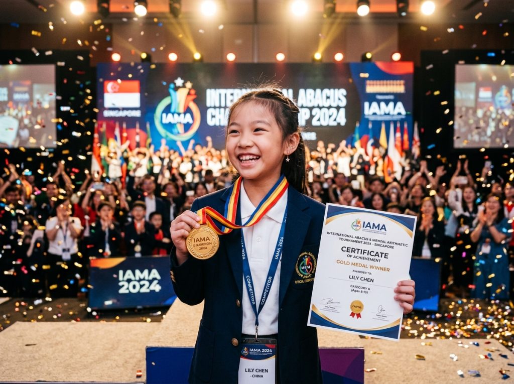 Abacus for math competitions displaying young champion mentally calculating complex arithmetic at record speed