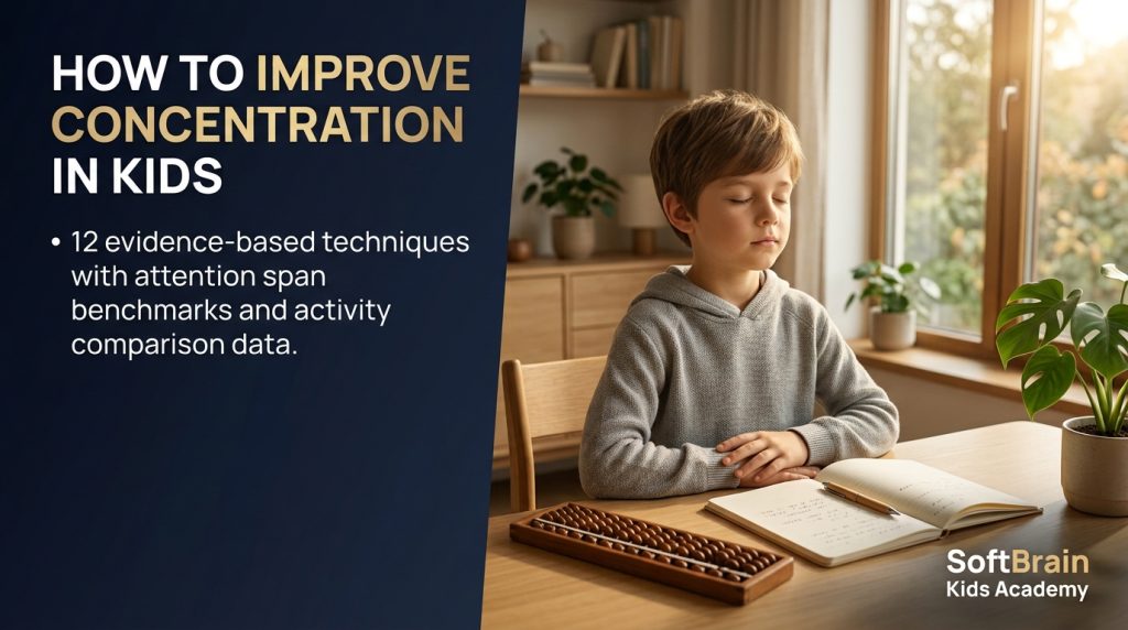 How to improve concentration in kids showing focused child doing abacus training in sunlit room