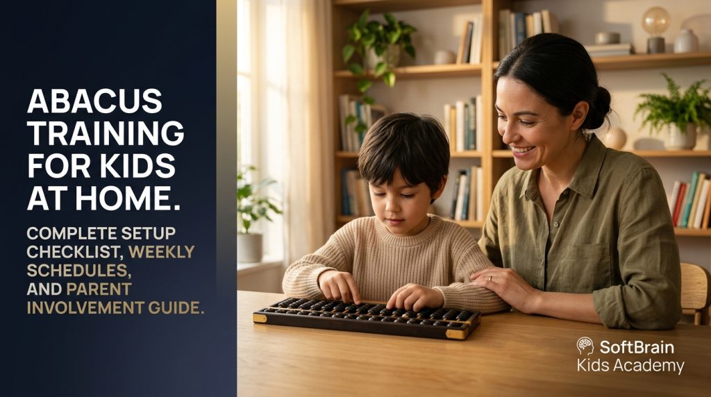 Abacus training for kids at home showing child practicing Soroban at wooden desk with parent supervision