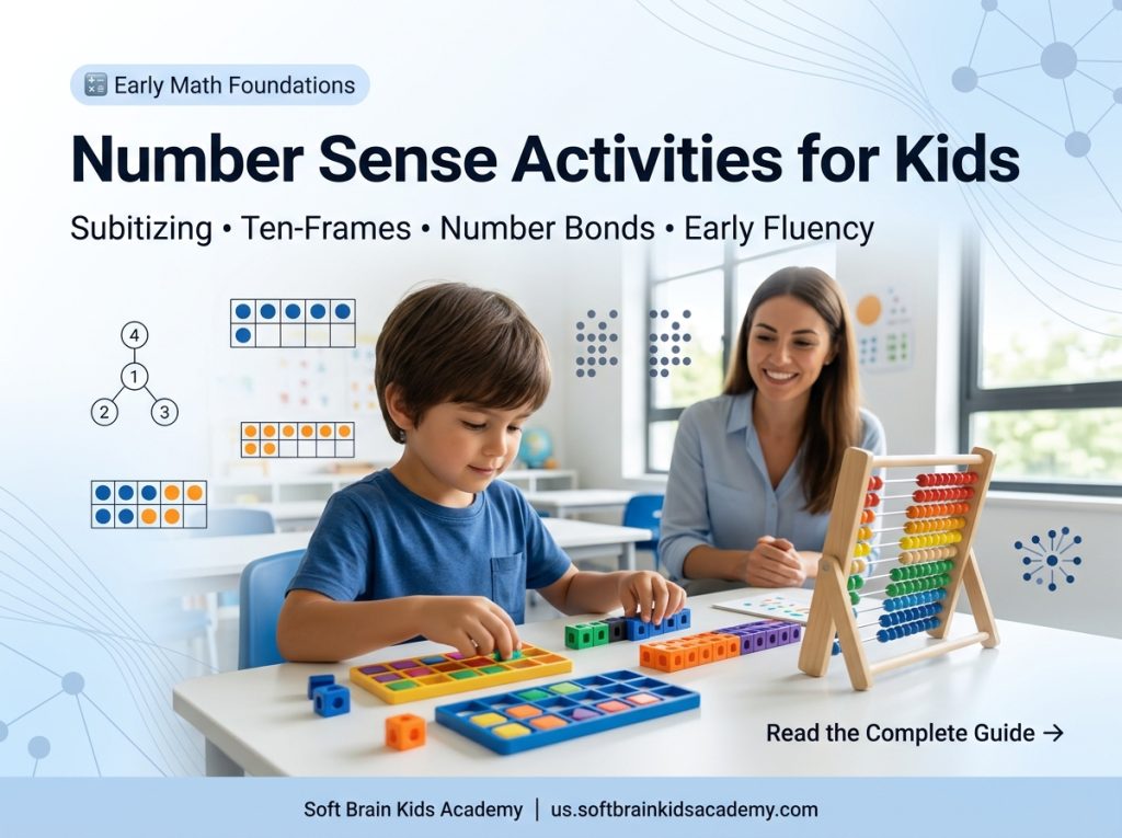 Number sense activities for kids showing a child using ten-frames and abacus beads for early math fluency and subitizing in a modern classroom