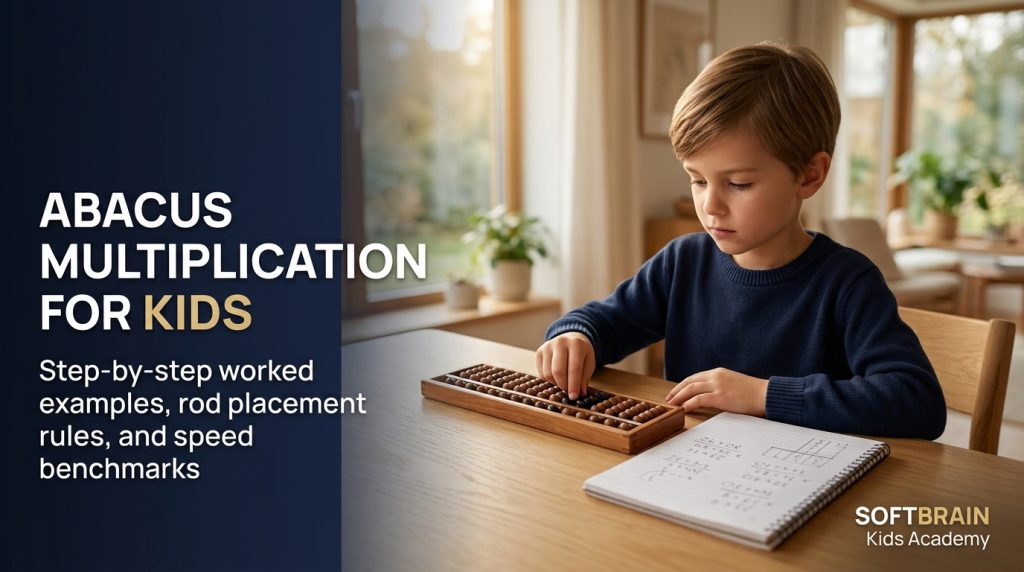 Abacus multiplication for kids showing step by step partial product placement on Soroban frame