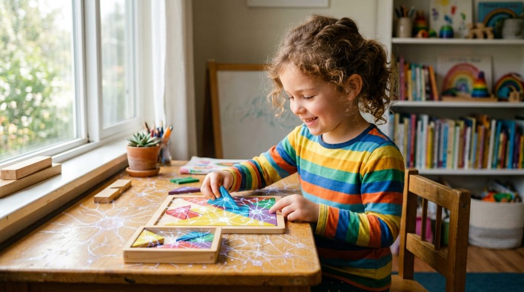Right brain training for kids child engaged in visual spatial puzzle and abacus mental training