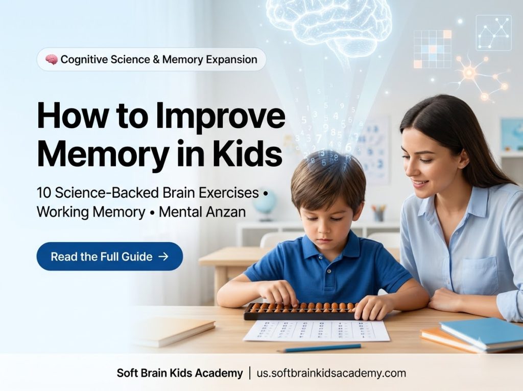 How to improve memory in kids showing a child practicing visual memory games, holding an abacus with glowing neural synaptic brain pathways lit up in a bright modern educational studio