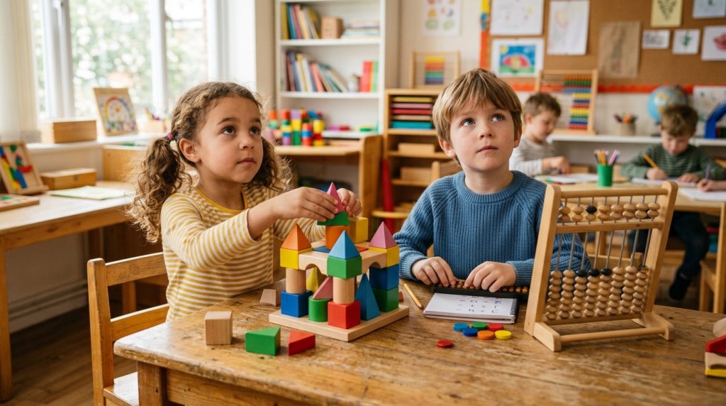 Brain development activities for children young students engaged in interactive puzzle and mental math activity