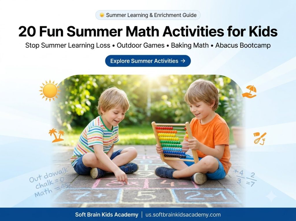 Summer math activities for kids showing children engaged in outdoor sidewalk chalk math games, holding colorful abacus frames under bright summer sunlight in a backyard garden setting