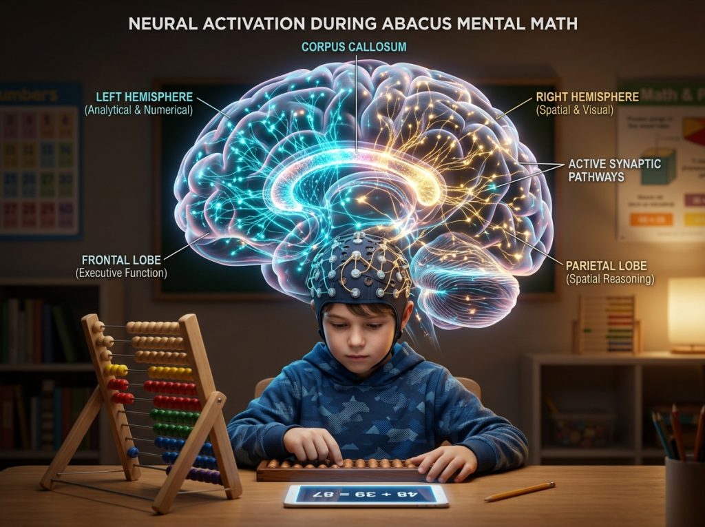 Whole brain development for kids showing bilateral brain hemisphere activation during mental arithmetic exercise