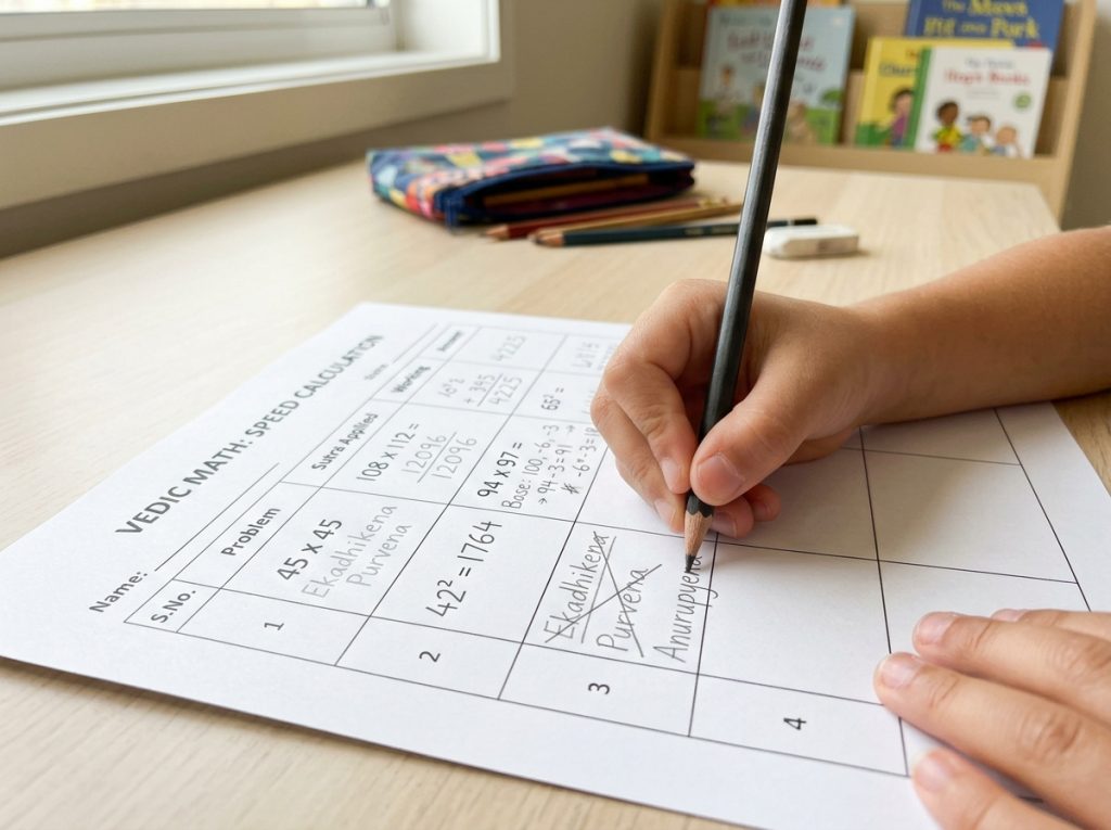 Vedic math worksheets for kids showing step-by-step sutra practice problems and speed calculation drills