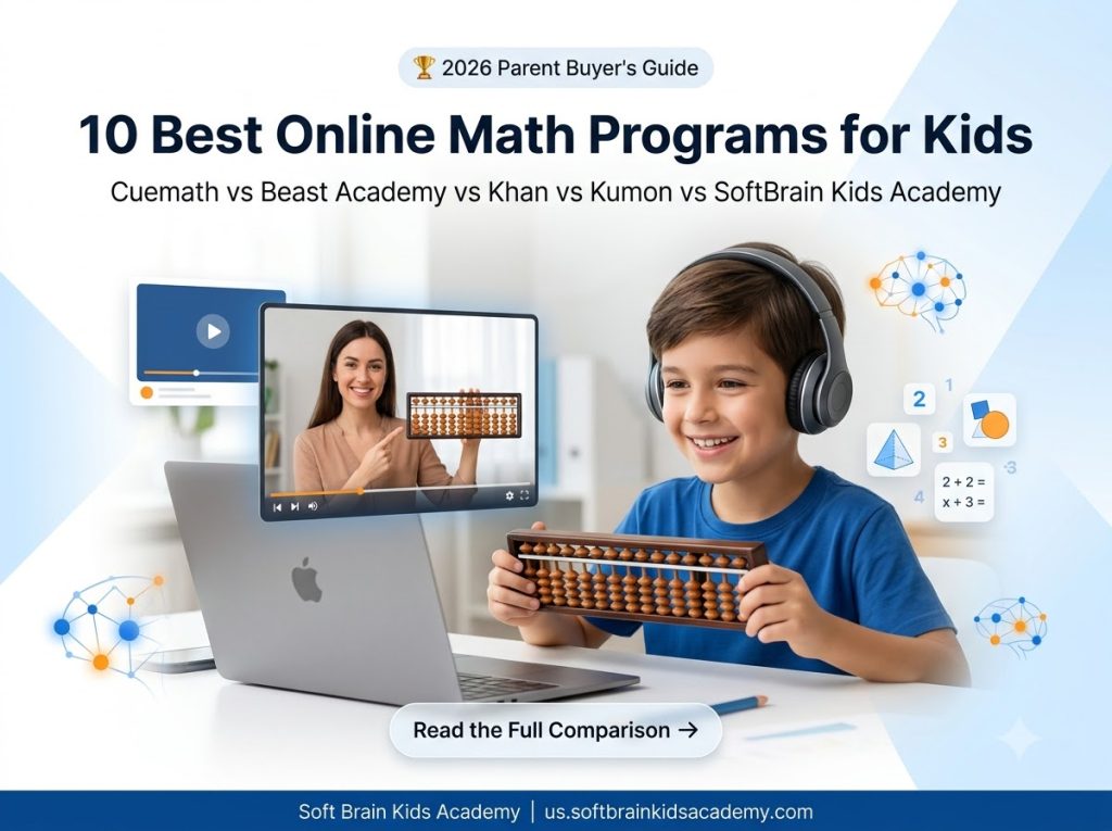 Best online math programs for kids showing a smiling elementary student engaged in a live interactive online math class with virtual abacus tools and enthusiastic instructor on screen