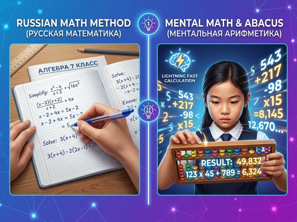 RSM vs abacus for kids comparing Russian School of Math rigorous paper worksheets with abacus mental visualization