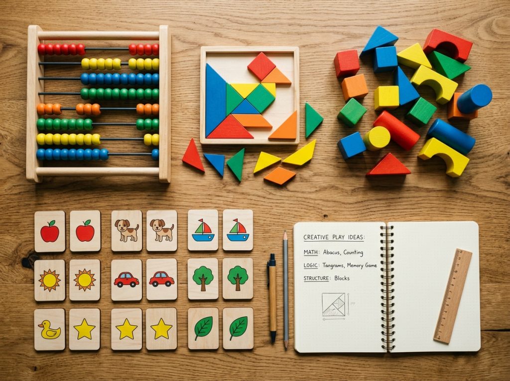 Screen free learning activities for kids featuring physical abacus work, spatial block building, and memory games