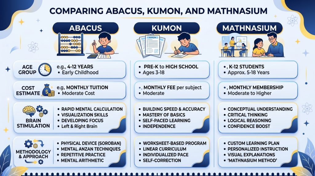 Abacus vs Kumon vs Mathnasium comparison parent reviewing educational math options for children