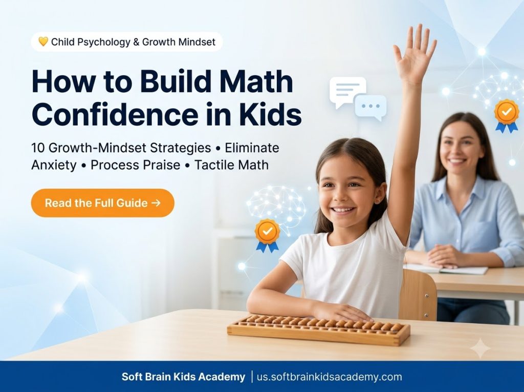 How to build math confidence in kids showing a happy 8-year-old student proudly raising her hand in class with a completed abacus math worksheet and a big confident smile