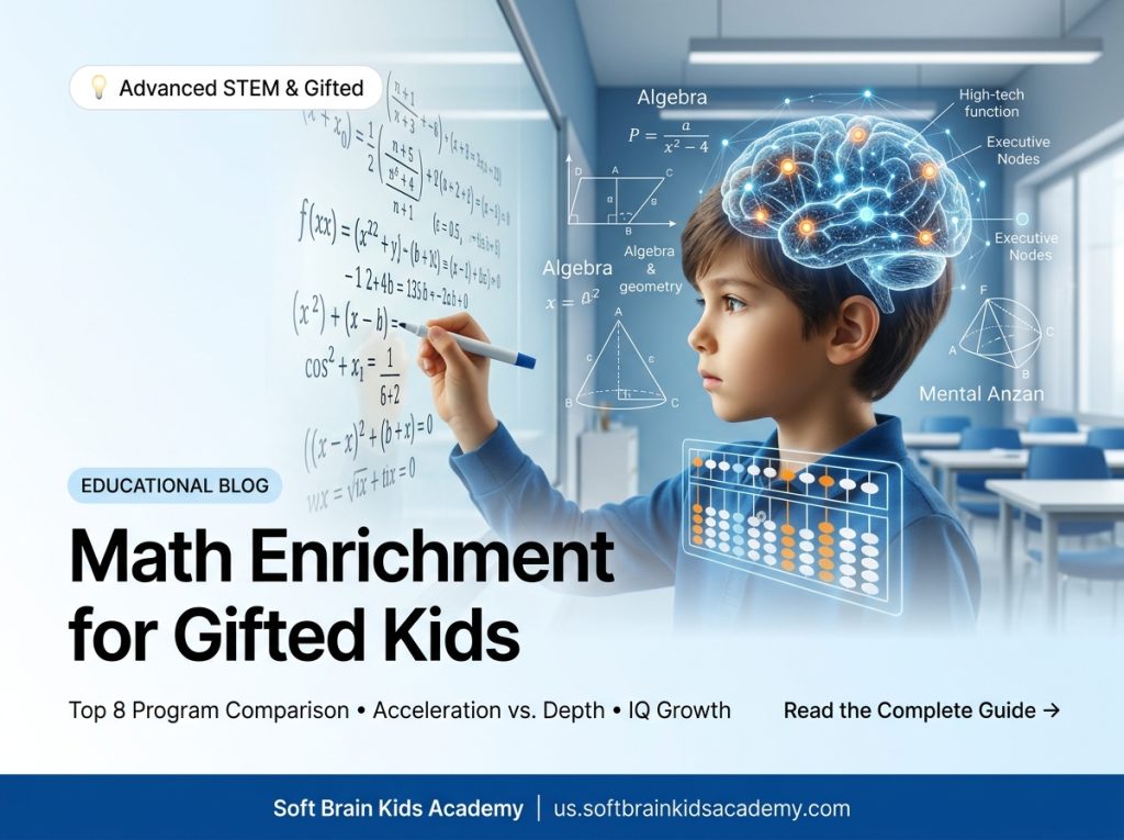 Math enrichment programs for gifted kids showing a student solving advanced math problems using Soroban abacus and mental visualization
