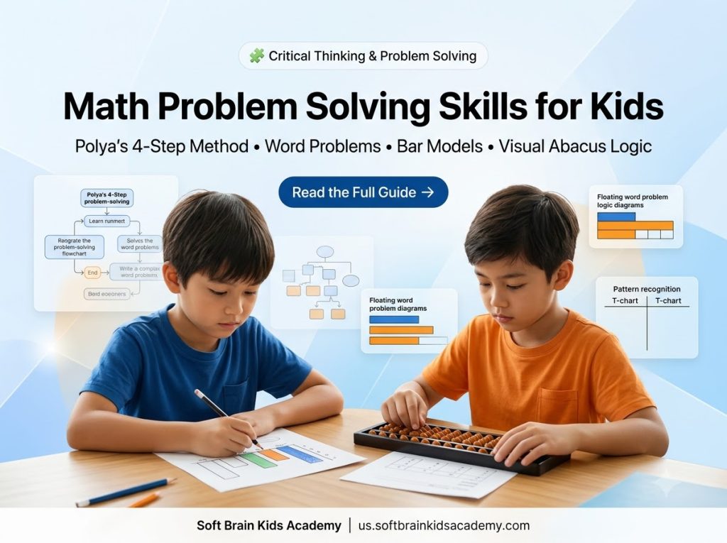 Math problem solving skills for kids showing two elementary students collaborating at a study table, drawing bar diagrams and using an abacus to solve a complex multi-step word problem together