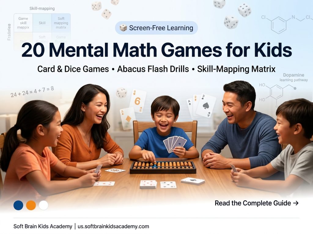 Mental math games for kids showing a family playing screen-free card, dice, and abacus games for fast arithmetic recall