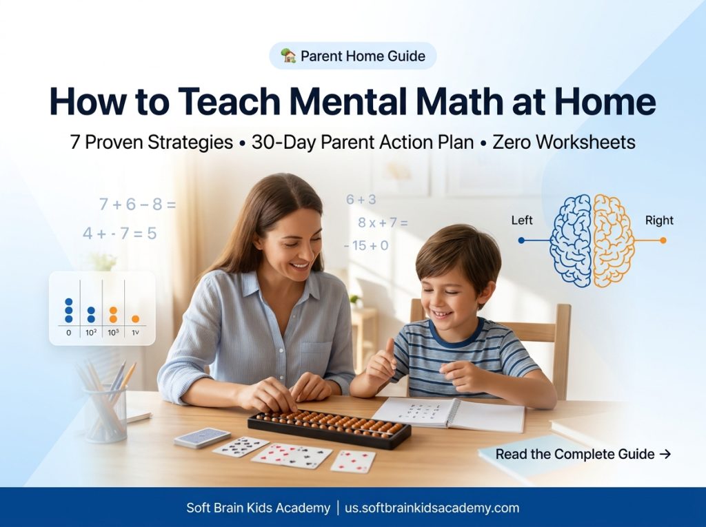 How to teach mental math to kids at home showing a parent and child practicing mental arithmetic and Soroban abacus strategies together