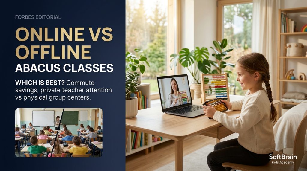Online abacus vs offline abacus classes side by side comparison of student on laptop at home vs students in physical classroom