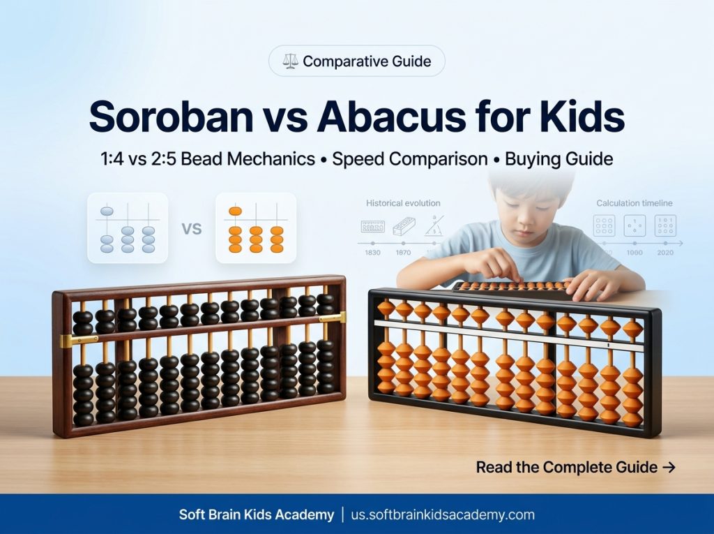 Create a premium LinkedIn article banner for Soft Brain Kids Academy promoting an educational blog titled "Finger Math for Kids". Style: Modern, clean, educational, premium, highly realistic, corporate LinkedIn marketing design. Scene: Close-up photograph of a child's hands performing Korean Chisanbop finger math on a clean wooden tabletop (counting numbers 1 through 99 using ten fingers), transitioning toward a Soroban abacus resting nearby. The child looks engaged and confident. Background Details (Subtle): • Stanford embodied cognition research neural graphics • Finger gnosia parietal cortex brain map overlays • Soft floating number counting sequences (1 to 99) • Bright natural lighting with smooth depth of field Color Palette: Royal Blue (#0A4D9C), Orange (#F7941D), White, Soft light blue gradients. Typography Layout (Minimal and Elegant): Small Label: ✋ Embodied Cognition Main Headline: Finger Math for Kids Subheadline: Chisanbop Method • Count 1 to 99 • Transition to Abacus Bottom Right: Read the Complete Guide → Footer Branding: Soft Brain Kids Academy | us.softbrainkidsacademy.com Design Style: Apple-style minimalism meets LinkedIn corporate branding, lots of white space, premium typography, ultra-realistic photography, magazine-quality composition, clean layout, no clutter, no stock-photo appearance, no watermarks, no distorted hands or faces.
