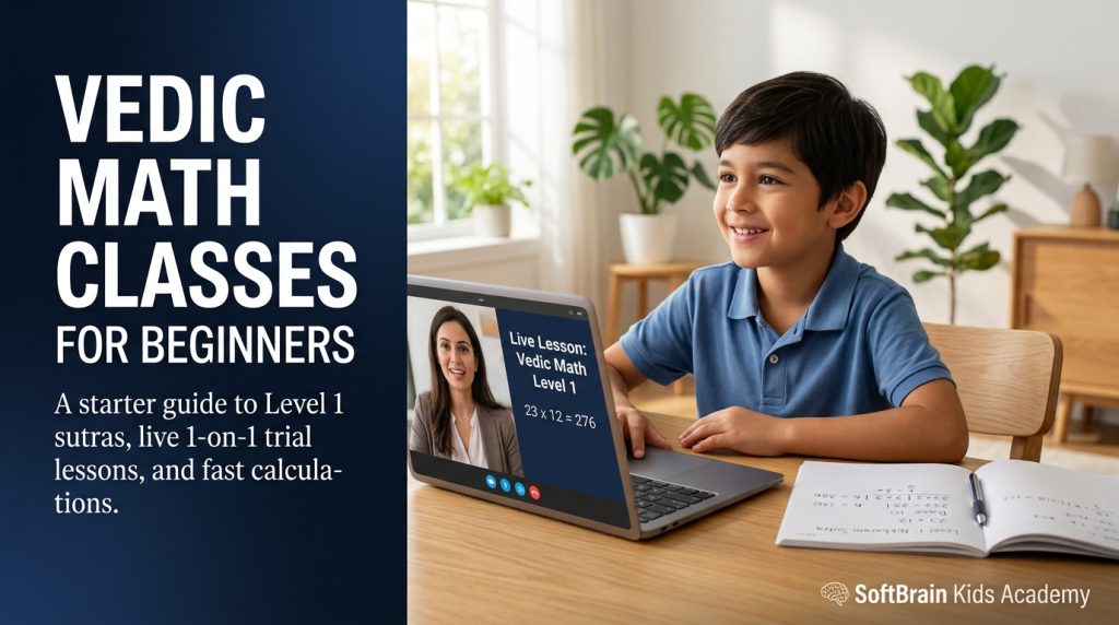 Vedic math online classes for beginners beginner student happily solving mental math sutra on laptop with tutor