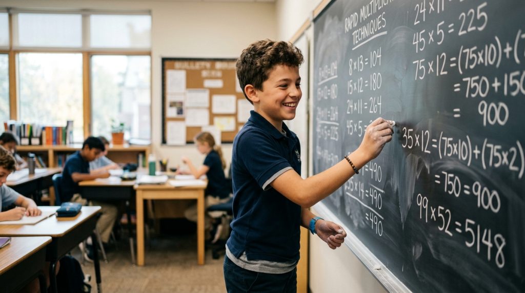 Vedic math multiplication tricks student writing fast calculation formulas on a blackboard