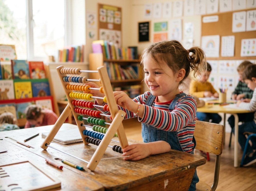 7-year-old 2nd grade student practicing mental math visualization with a colorful soroban abacus board