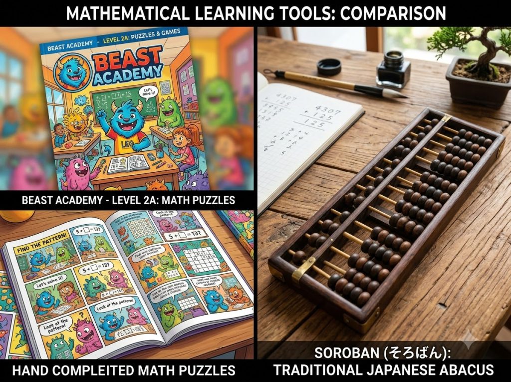 Beast Academy comic math book next to physical wooden Soroban abacus frame