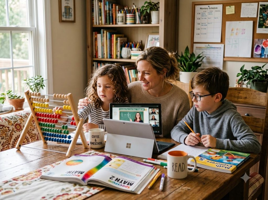US homeschool family participating in live online mental math and abacus class on tablet