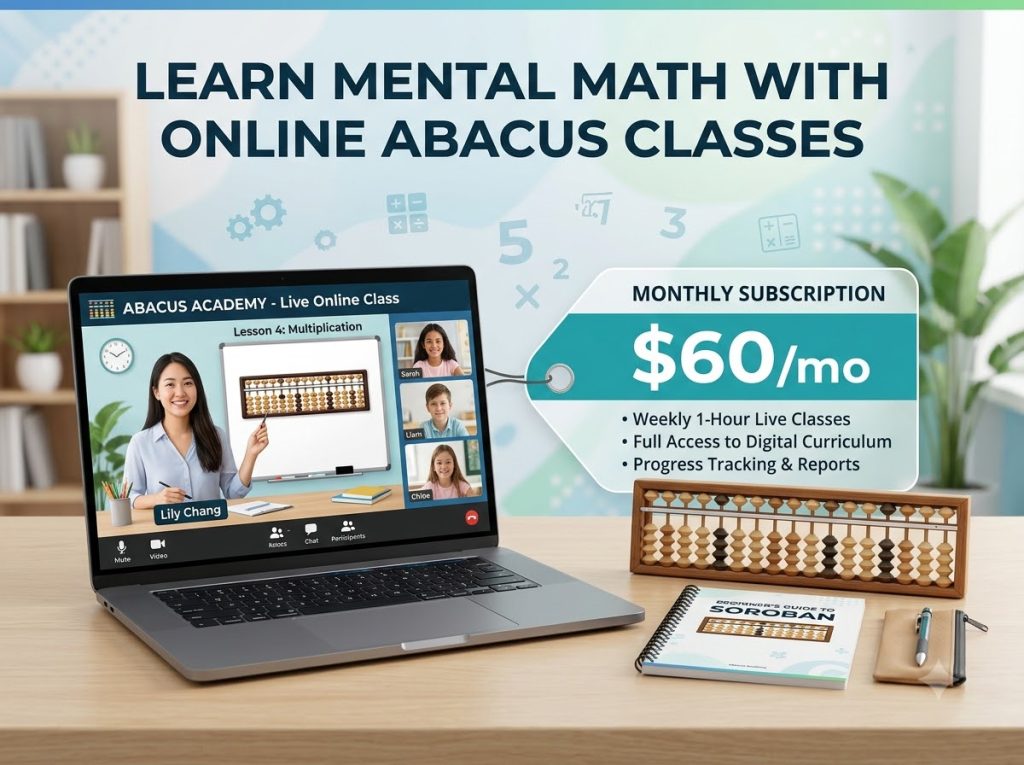 Online abacus class cost US tuition pricing comparison graphic showing abacus kit and laptop