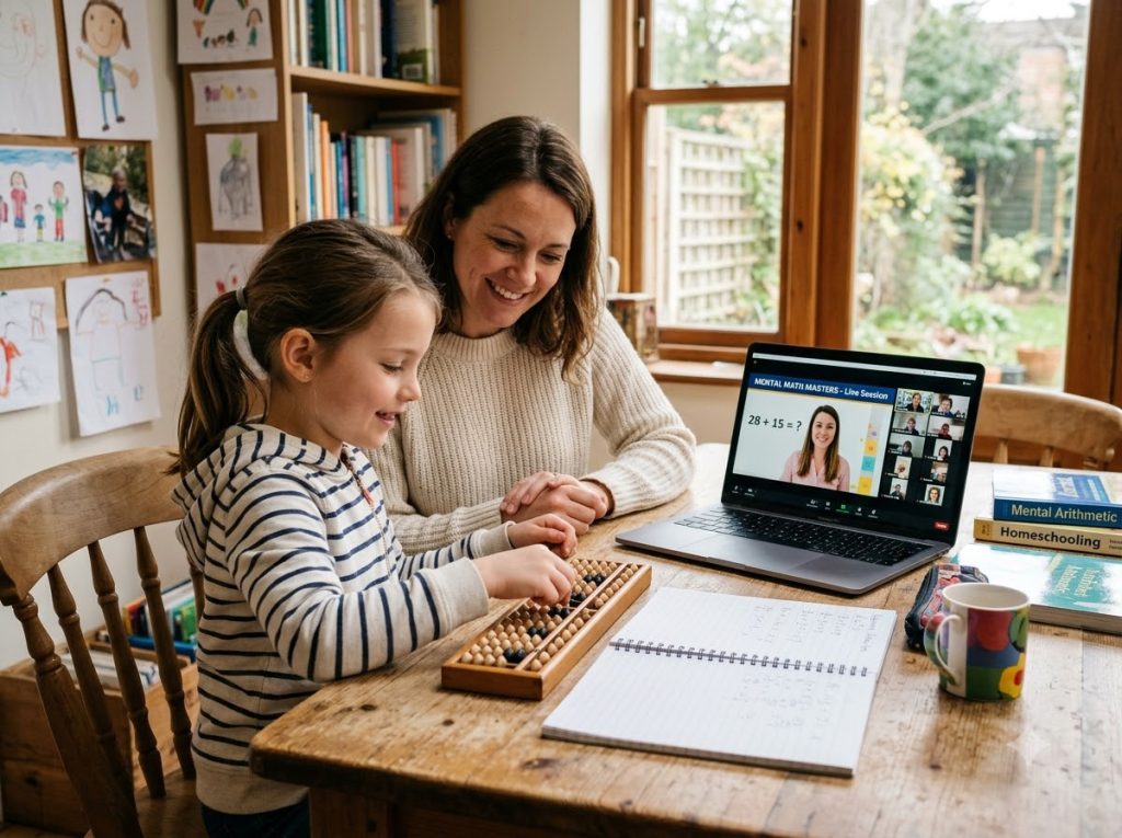 Homeschool family participating in online mental math program for homeschoolers using laptop and abacus