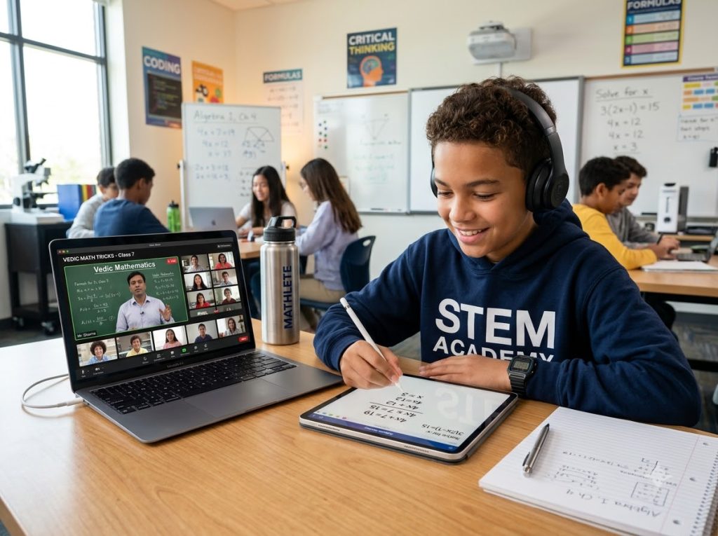Middle school student practicing Vedic math for middle school during live online class