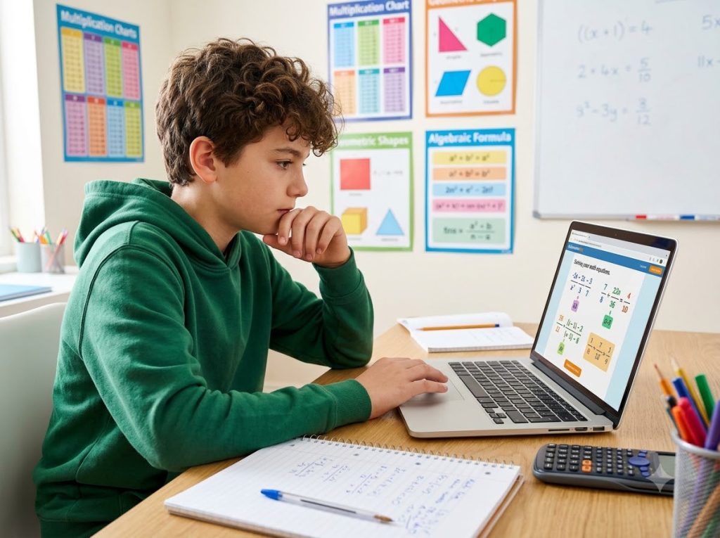 12-year-old middle school student practicing mental algebra and Vedic math calculation shortcuts online