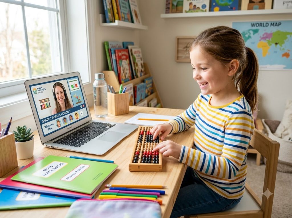 2nd grade 7-year-old student practicing abacus math for 2nd grade during live online class